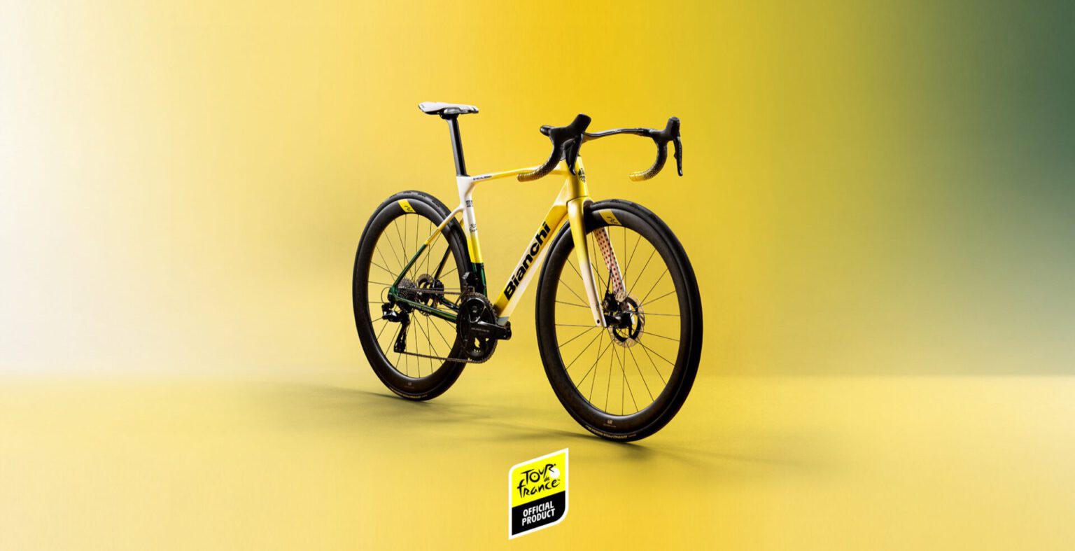 De Bianchi Specialissima RC Tour de France Limited Edition in geel-witte lak met het Tour de France-logo