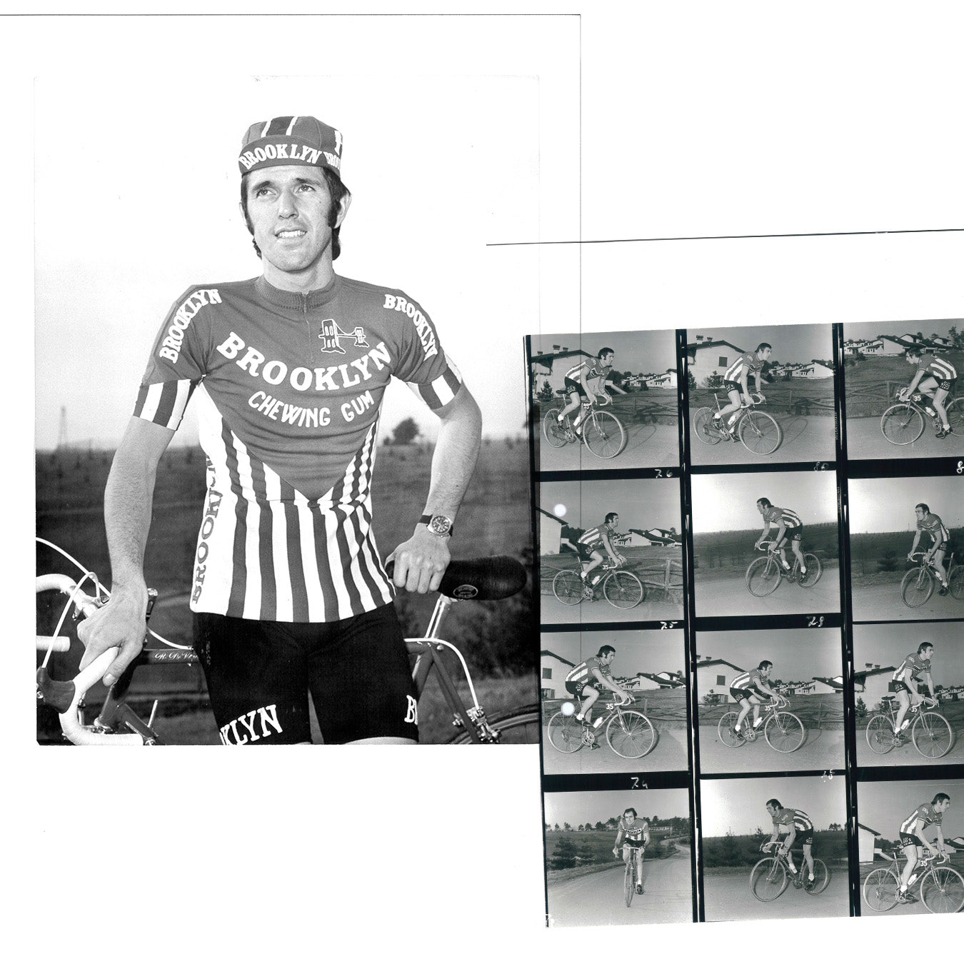 Zwart-witfoto van Roger De Vlaeminck in het gestreepte Brooklyn-shirt, naast een contactafdruk