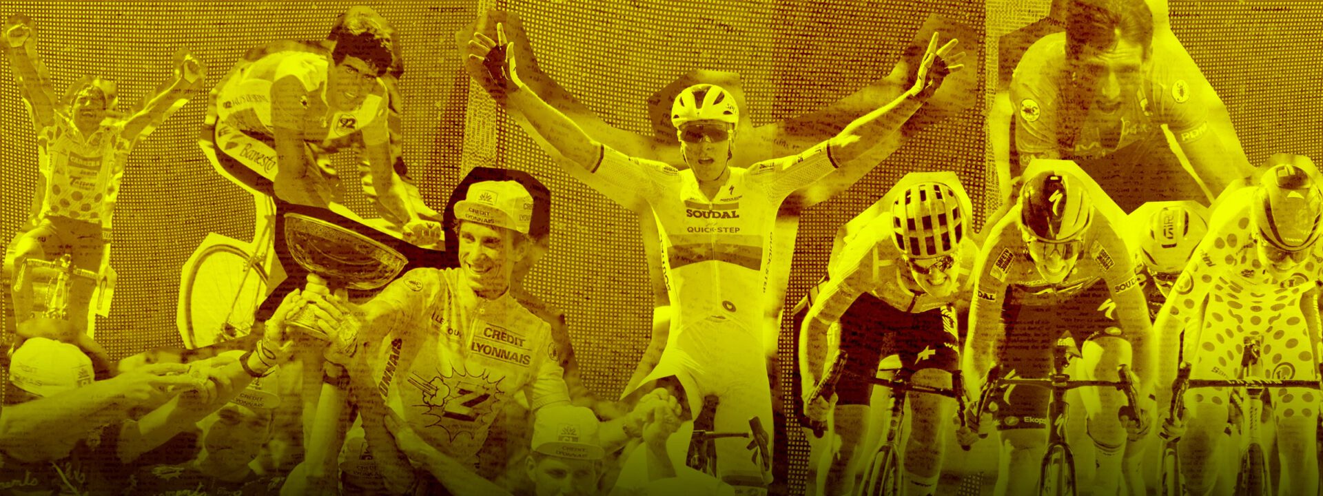 Campagnebeeld van Castelli in geel met een collage van Tourwinnaars en truidragers uit verschillende tijdperken