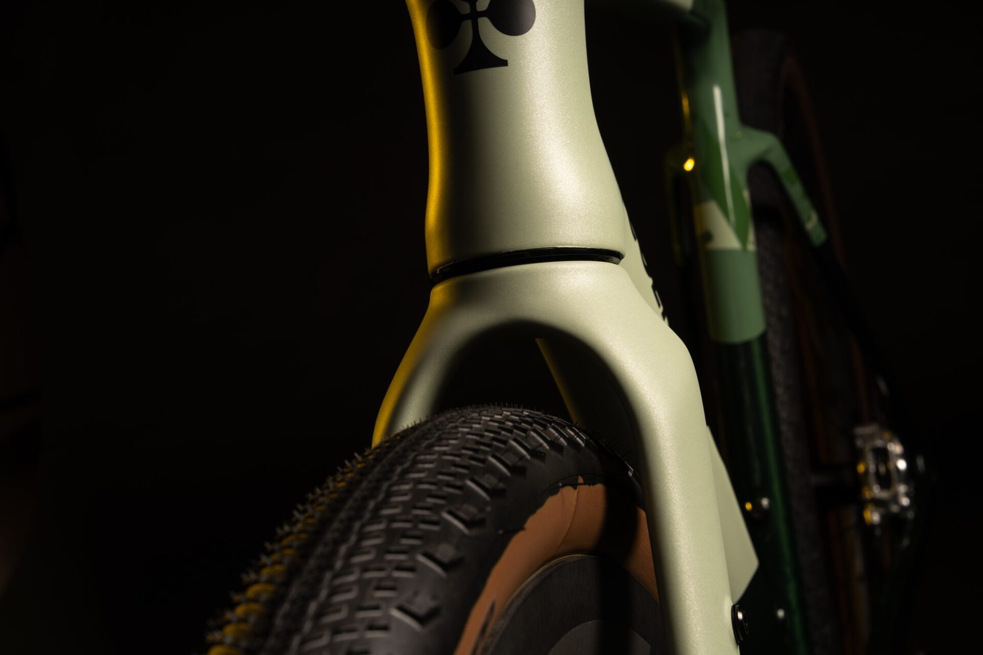 Detail van balhoofd en vork van de groene Colnago G5-X met brede gravelband