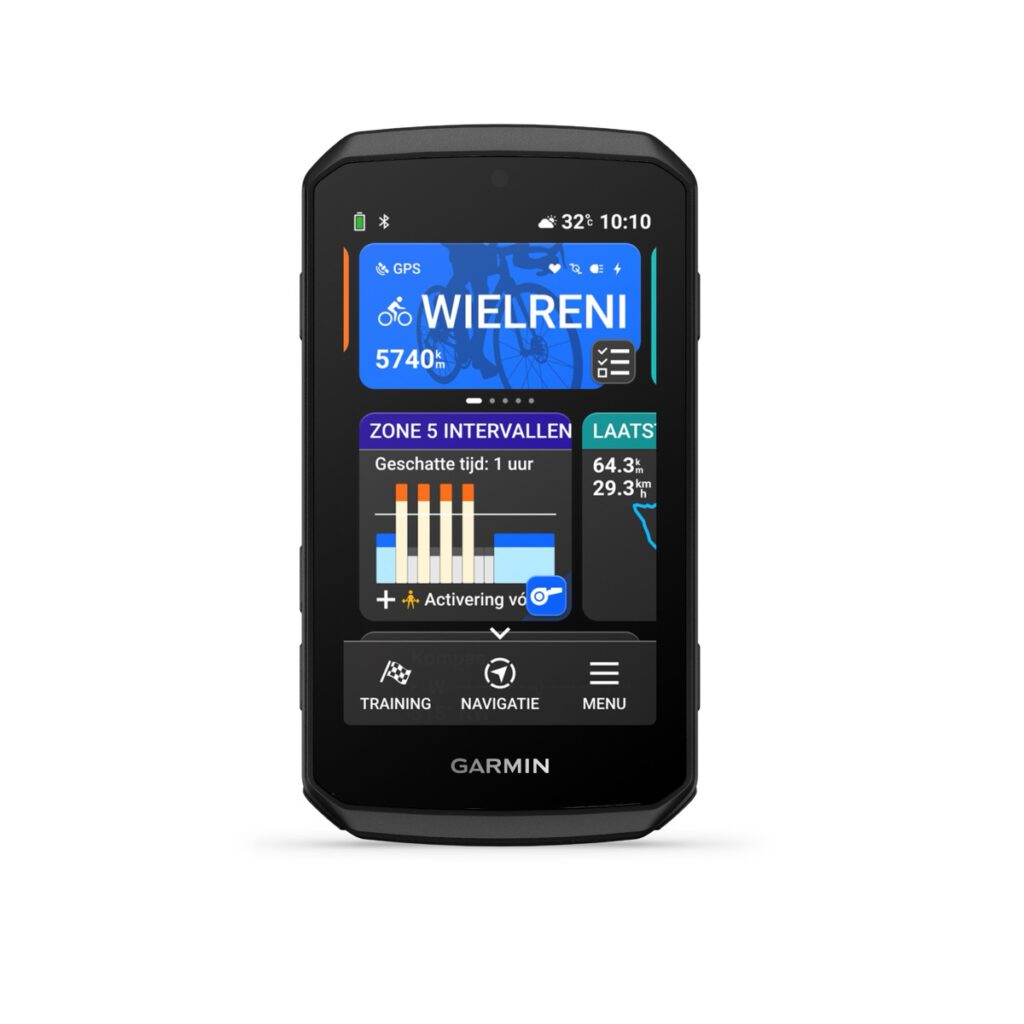 Garmin Edge 1060 fietscomputer van voren, met op het scherm een geplande training met zone 5-intervallen
