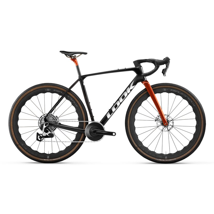 Zijaanzicht van de Look G85 Cezal RS met SRAM RED XPLR in zwart met oranje vork