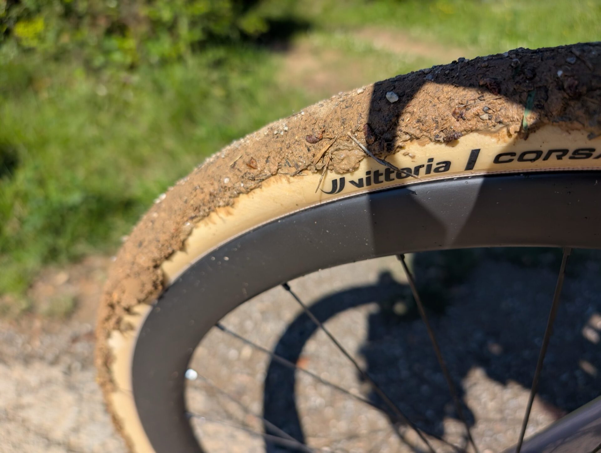 Close-up van een Vittoria Corsa PRO Control-band vol modder op een carbon velg
